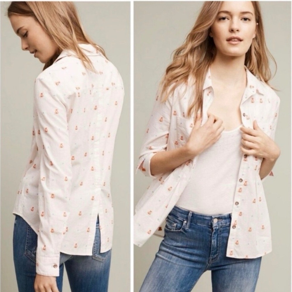 Maeve Anthropologie Miette Teepee Button Down Shirt Women's 4 White Boho Hippie